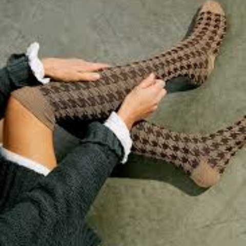 Hounds Tooth Over the Knee Sock - Tan/Brown