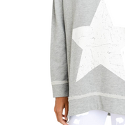 Antiqued Star Longline V-Neck Sweatshirt - Grey