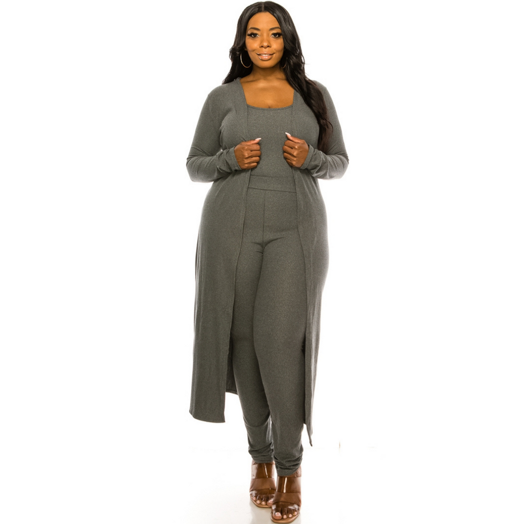 3pc Ribbed Knit Lounge Set - Charcoal Grey